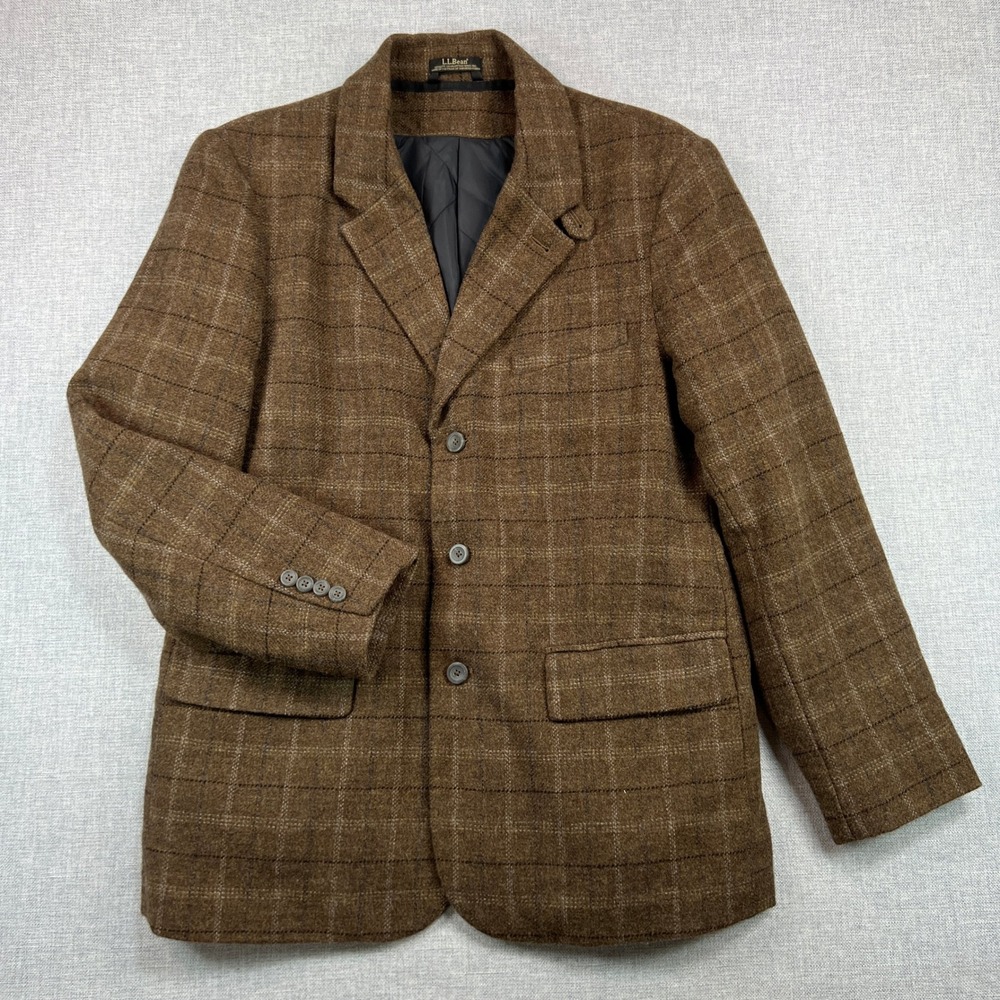 L.L. Bean‎ Men's 42R Shetland Wool Brown Plaid Blazer Jacket Primaloft Lined